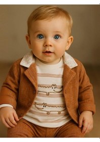 Resim Erkek Bebek Pamuklu Timsah Desenli Body Ceket Pantolon 3'lü Takım-16289 Kahverengi 