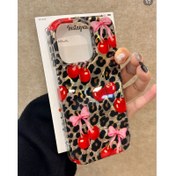 Resim Lüks ve sevimli pembe kurdele leopar desenli kiraz kurdele telefon kılıfı, Iphone 11, 12, 13, 14 Plus, 15 ve 16 Pro Max için uygun. 