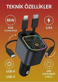 Resim 66w Araç Şarj Adaptörü Type-c + Lightning Makaralı Kablo, Usb + Type-c Girişli, Hızlı Şarjlı 66w Black 