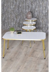 Resim Zigon Sehpa Ve Orta Sehpa Kr Gold Metal Ayak Gold Beyaz Set 