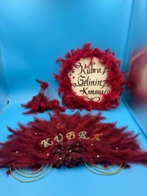 Resim Ekin Bordo 3'lü Tef & Gelin Mendili & Yelpaze Seti 