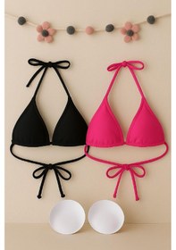 Resim Modadua Kadın Siyah Ve Fuşya Minimal Kesim Üçgen Bikini Üstü Çok Renkli 