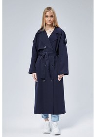 Resim Kadın Oversize Astarlı Uzun Trençkot Lacivert 