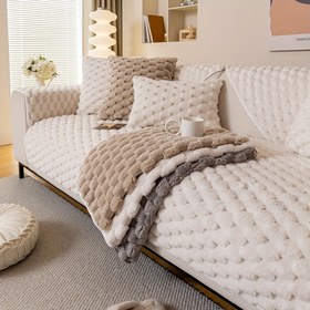 Resim 1 Adet Balpeteği Kadife Koltuk Örtüsü - Evcil Hayvan Dostu, Kaymaz Peluş Kanepe Koruyucu, Oturma Odası, Yatak Odası, Ofis Dekoru İçin, Bej ve Beyaz Herringbone Desenli, Kalın Tüylü Kumaş, Makinede Yıkanabilir 