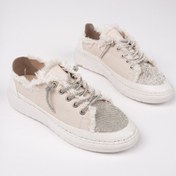 Resim Muggo Damsel Bağcıklı Taşlı Kadın Günlük Denim Sneaker Spor Ayakkabı Bej 