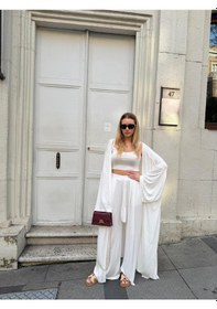 Resim Bonacosa Kadın Viskon 3 Lü Takım Kimono + Beli Lastikli Salaş Pantolon + Crop 8 Renk Ekru 