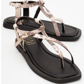 Resim Luvi Shoes Jamie Kahverengi Bej Desenli Hakiki Deri Kadın Parmak Arası Sandalet Bej - Kahverengi 