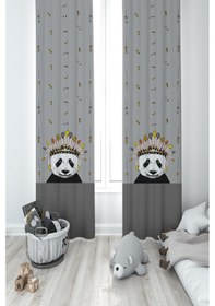 Resim Mekta Home Bebek Ve Çocuk Odası Kızılderili Panda Desenli 2 Kanat Fon Perde 