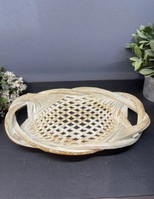 Resim Dekoratif Polyester Tekli Hasır Sunumluk Tepsi Krem Gold Eskitme 