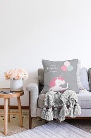 Resim RealHomes Çift Taraflı Gri Zeminde Unicorn At Tasarımlı Bebek Odası Raşel Örme Yastık Kırlent Kılıfı, Sonil-K4553-43x43cm 