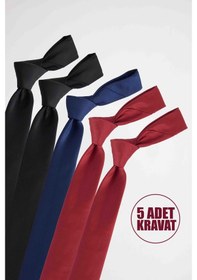 Resim Tudors 5'li Paket Düz İnce Siyah-lacivert-bordo Erkek Kravat-33284 Çok Renkli 