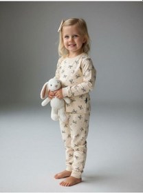 Resim Kız Çocuk Pamuklu Fiyonklu Pijama Takımı-16829 KREM 