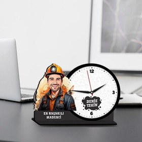 Resim Erkek Madenci Karikatürlü MDF Masa Saati 