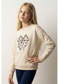 Resim Breeze Kız Çocuk Sweatshirt Fiyonk Baskı Nakışlı Yazılı 6-12 Yaş, Krem Krem 