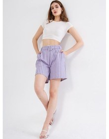 Resim Pasaklı Giyim Kadın Gabardin Kumaş Cepli Kemerli Tokalı Çizgili Kısa Şort 3562210 Mor 