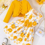 Resim Kızlar için Çiçek Desenli Elbise, Katı Uzun Kollu Kardigan, Casual Polyester Karışımı, Örgü Kumaş, Hafif Esnek, Ruffle Detayı ile, İlkbahar/Sonbahar için 