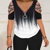 Resim Şık Silüet, Şık Büyük Beden Kadın Günlük Kıyafeti: Gradyan Baskılı Fermuarlı Soğuk Omuzlu Üst & Şort Takımı - Esnek Polyester Karışımı, Makinede Yıkanabilir 