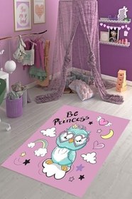 Resim Pelangi Baykuş Desenli Renkli Kalpli Dijital Baskı Yıkanabilir Kaymaz Taban Bebek Ve Çocuk Odası Halısı, Lila-Mavi 60 x 200 