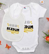 Resim Bitmeyen Kartuş Bk Kids Bezdum Tasarımlı Beyaz Bebek Body Zıbın Ve Mama Önlüğü Hediye Seti-5 