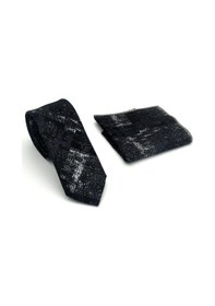 Resim Gaffy Gri Desenli Siyah Dokuma Kumaş Mendilli Slim Fit Kravat // Sdk-2608-1 Siyah 