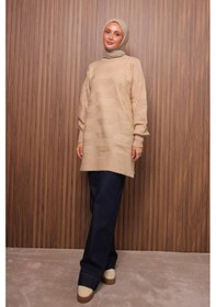 Resim Balenbi Örgü Dokulu Yumoş Oversize Tesettür Triko Tunik 7018 Bej 