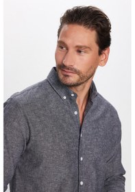 Resim Tudors Erkek Slim Fit Dar Kesim Uzun Kollu Keten Premium Seri Düğmeli Yaka Spor Antrasit Gömlek-32817 Antrasit 