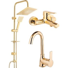 Resim Armilla Armatür Kare Gold Robot Duş Sistemi Banyo Bataryası ve Lavabo Bataryası Musluğu 3’lü Set Gold Kr Robot Duş 3 Dlt 