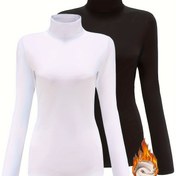 Resim Kadınlar İçin Uzun Kollu Yüksek Yaka Polar Astarlı Esnek Katmanlı Üst 2'li Set - Sonbahar ve Kış 