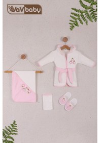 Resim Vavbaby Kapüşonlu Pamuklu Kız Bebek Bornoz Takımı Pembe Kuzulu 