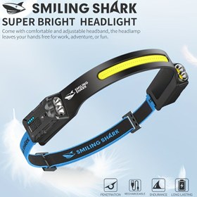 Resim 1 adet COB Baş Lambası, SMILING SHARK TD0239 Sensörlü Baş Lambası, 270° Dönebilen Baş Feneri 5 Modlu, Type-C Şarj Edilebilir, Pil Gücü Göstergesi, Düğme ve İndüksiyon Anahtarı, Hafif, Açık Hava Kampı, Yürüyüş, Balıkçılık, Maceralar için İdeal 