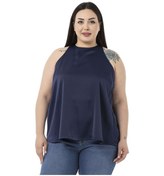 Resim Büyük Beden Halter Yaka Saten Dokulu Astarlı Lacivert Bluz-lacivert Lacivert 