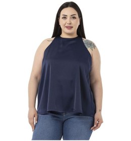 Resim Büyük Beden Halter Yaka Saten Dokulu Astarlı Lacivert Bluz-lacivert Lacivert 