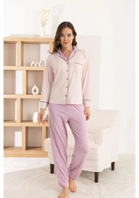 Resim Pijamoni Kadın Milan Kumaş Önden Düğmeli Pembe Pijama Takımı Pembe 