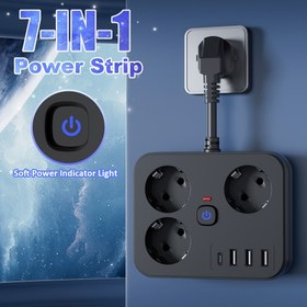 Resim 7'si 1 arada Uzun Kablolu Masaüstü/Duvar Prizine Aşırı Yük Koruması, 3 AC Çıkışı, 3 USB Portu, 1 Tip-C Çıkışı, Beyaz/Siyah Bitiş, Kısa/5ft/10ft Uzatma Seçeneği, 1.5m/3m Mevcut, Tek Dokunuşlu Ana Anahtar, Seyahat, Ev Kullanımı, Ofis İçin Uygun 