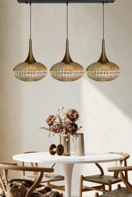 Resim Elegant Cam Bal Rengi Avize Üçlü Eskitme Külah Başlık Sarkıt Lamba Restoran Salon Aydınlatma Bal 