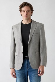 Resim Orta Vizon 6 Drop Regular Fit Standart Kesim Mono Yaka Desenli Klasik Keten Karışımlı Ceket - Regular Fit / Orta Vizon / 58 