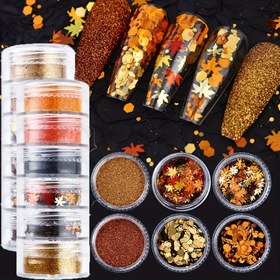 Resim 12 Kutu Sonbahar Tırnak Sim Tozu & Puller Seti - Altın, kahverengi, turuncu, siyah, şeffaf sim tozları ve önceden yapılmış yaprak tasarımlı 6 saksıyla | DIY manikür, Şükran Günü ve sonbahar ojeleri ile 3D Nail Art Kit (Kadınlar İçin Hediye) için açık depolama kapları ile renkli akçaağaç yaprağı desenleri, ışıl ışıl puller ve ince pudralarla elmanızda parlayacak. Elmaza uygulamaya hazır şekillendirme malzemesi 