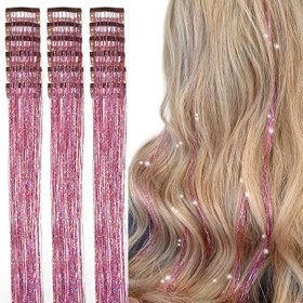 Resim 6 Adet Işıltılı Pembe Klipsli Saç Tinsel Uzantıları, Her Biri 50.8 cm, Kadınlar İçin Canlı Peri Saç Aksesuarları - Partiler & Çeşitli Saç Modelleri İçin İdeal 