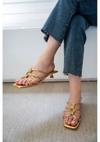 Resim Cannes Taş Aksesuar Detaylı 4cm Özel Topuklu Kadın Terlik Gold Altın 