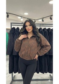 Resim Ribana Classic Kadın Kahverengi Astarlı Gömlek Yaka Etnik Desenli Mevsimlik Bomber Süet Crop Mont D99786 Kahverengi 