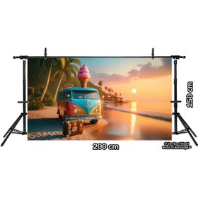 Resim Venspor Renkli Karavan ve Palmiye Ağaçları ile Gün Batımı Temalı Arkaplan, 200x150cm, Fon, Duvar Örtüsü 