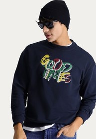 Resim Koyu Lacivert Bisiklet Yaka Baskılı Oversize Pamuk Sweatshirt 