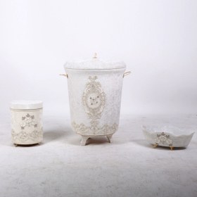 Resim Bonny Home Lisa Krem 3'lü Kadife Çeyizlik Dantelli Banyo Kirli Çamaşır Sepeti Seti | Banyo Seti 