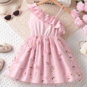 Resim Kız Çocuk Yazlık Ruffle Omuz Açık Elbise - Sevimli Polyester İşlemeli Tül Prenses Elbisesi Günlük Giyim, Tatil ve Hediyelik 