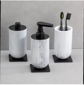 Resim Diş Fırçalığı/sıvı Sabunluk Mermer Deseni/siyah Renk 206x89x170 Mm Açık Ahşap 
