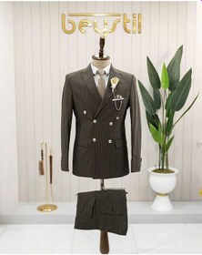 Resim Bys Beystil Sivri Yaka Haki Çizgili Kruvaze Takım Elbise Bezayak036 - Slim Fit 