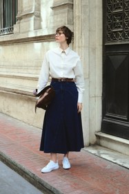 Resim Mizalle Parça Volanlı Lacivert Maksi Denim Etek 