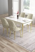 Resim Canisa Tia Serisi 80x132 Açılabilir Mdf Mutfak Masası Takımı Beyaz Masa Gold Detay 4 Krem Sandalye 