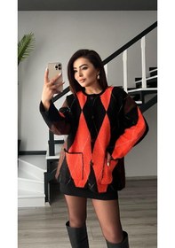 Resim Siyah - Neon Oranj Baklava Desen Cepli Hırka Siyah 