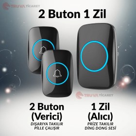 Resim Truva Ticaret Kablosuz Kapı Zili - Logosuz Tasarım - Uzaktan Kumandalı - LED Işıklı - 2 Buton 1 Zil 